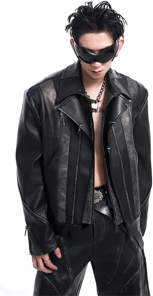 Mens Punk Style Fake Two Pieces Pu Leather Motorcycle Jacket And Patchwork Loose Straight Pants