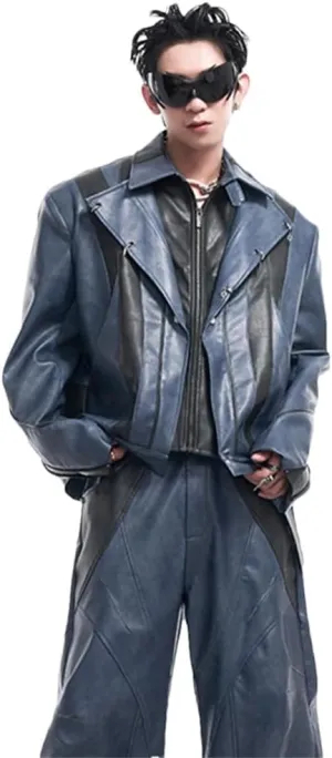 Mens Punk Style Fake Two Pieces Pu Leather Motorcycle Jacket And Patchwork Loose Straight Pants