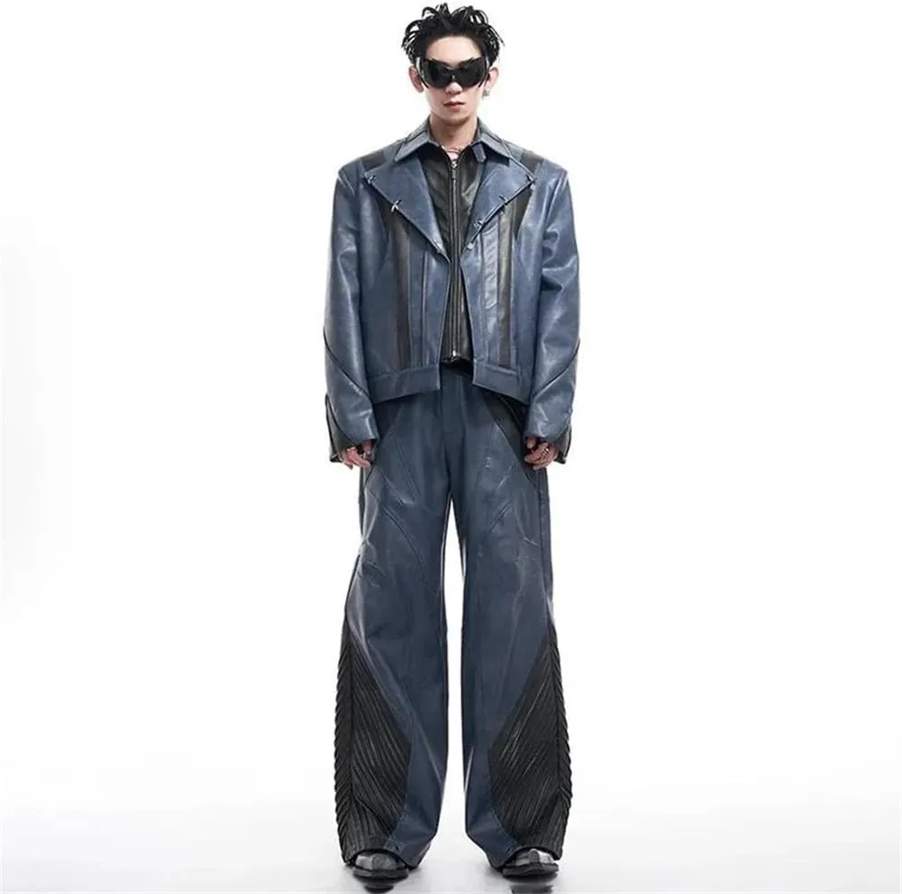 Mens Punk Style Fake Two Pieces Pu Leather Motorcycle Jacket And Patchwork Loose Straight Pants