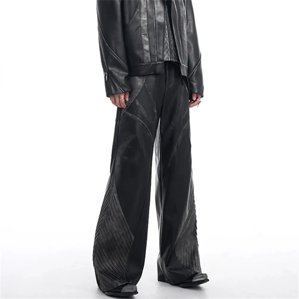 Mens Punk Style Fake Two Pieces Pu Leather Motorcycle Jacket And Patchwork Loose Straight Pants