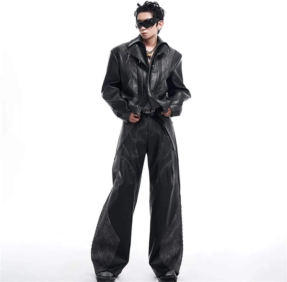 Mens Punk Style Fake Two Pieces Pu Leather Motorcycle Jacket And Patchwork Loose Straight Pants