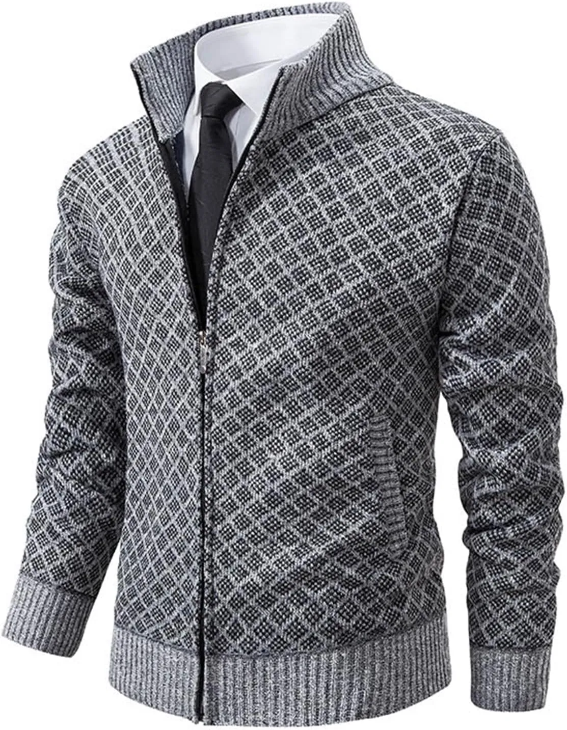 Men's Slim Fit Dressy Sweaters Full Zip Mock Collar Casual Knitted Cardigan with Pockets
