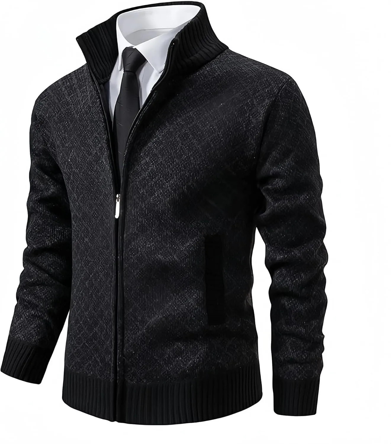 Men's Slim Fit Dressy Sweaters Full Zip Mock Collar Casual Knitted Cardigan with Pockets