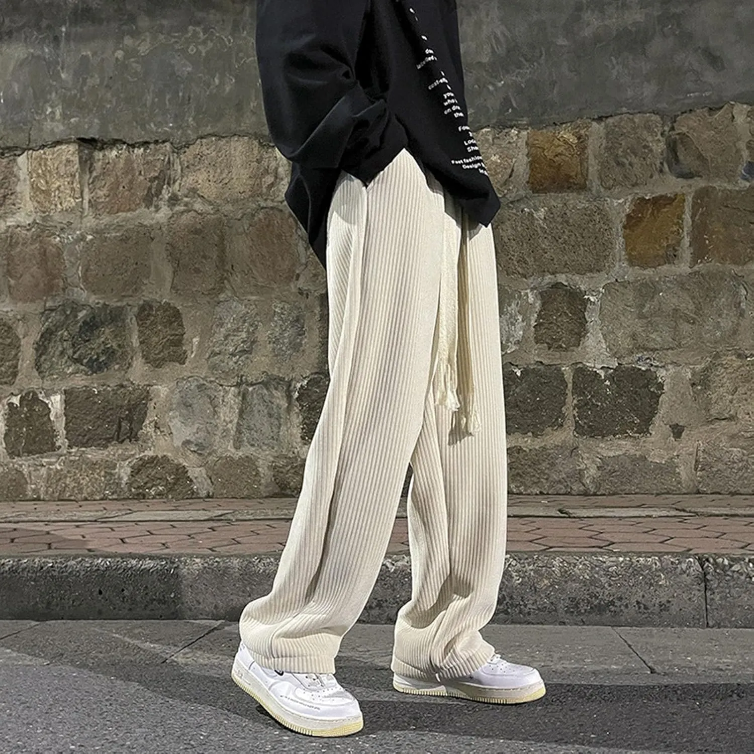 Men's Straight Fit Trousers Elastic Waist Pants Casual Stripe Pant Plus Size Wide Leg Baggy Trouser Gym Jogging Bottoms