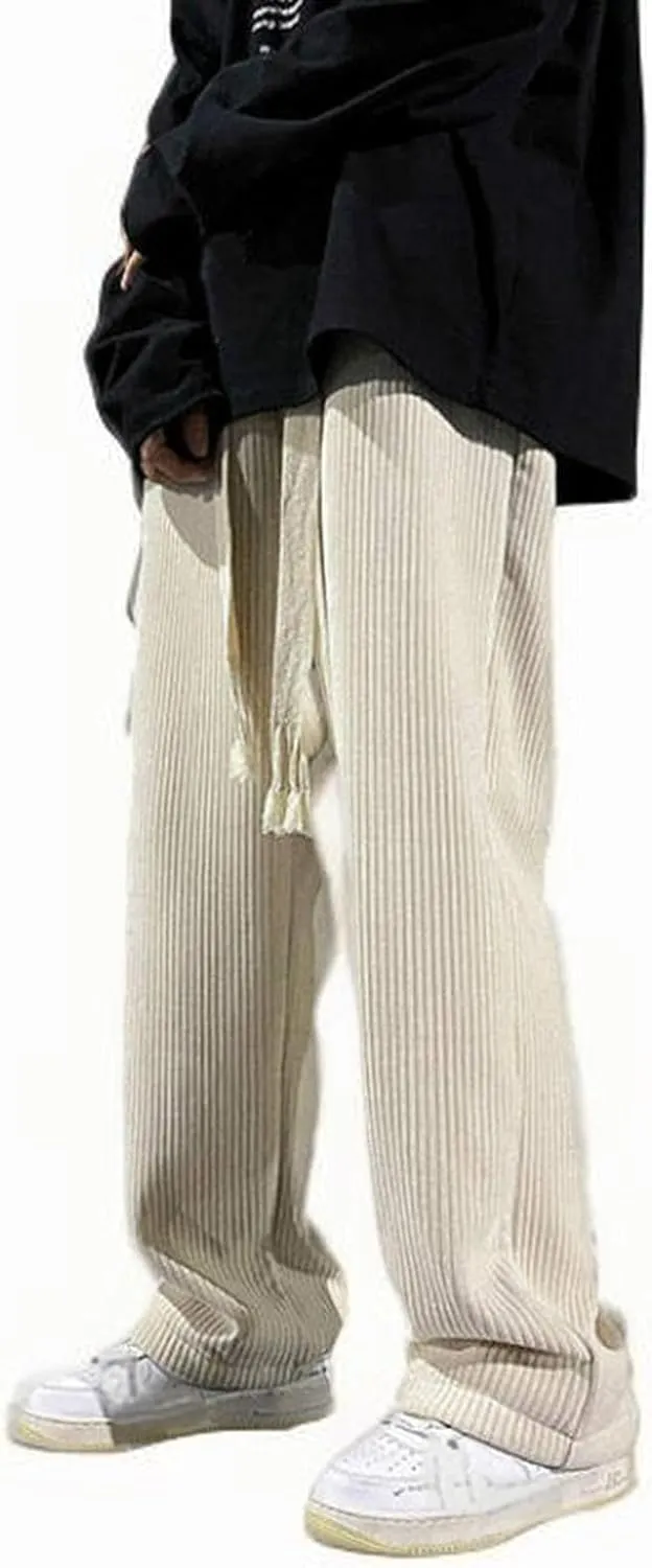 Men's Straight Fit Trousers Elastic Waist Pants Casual Stripe Pant Plus Size Wide Leg Baggy Trouser Gym Jogging Bottoms