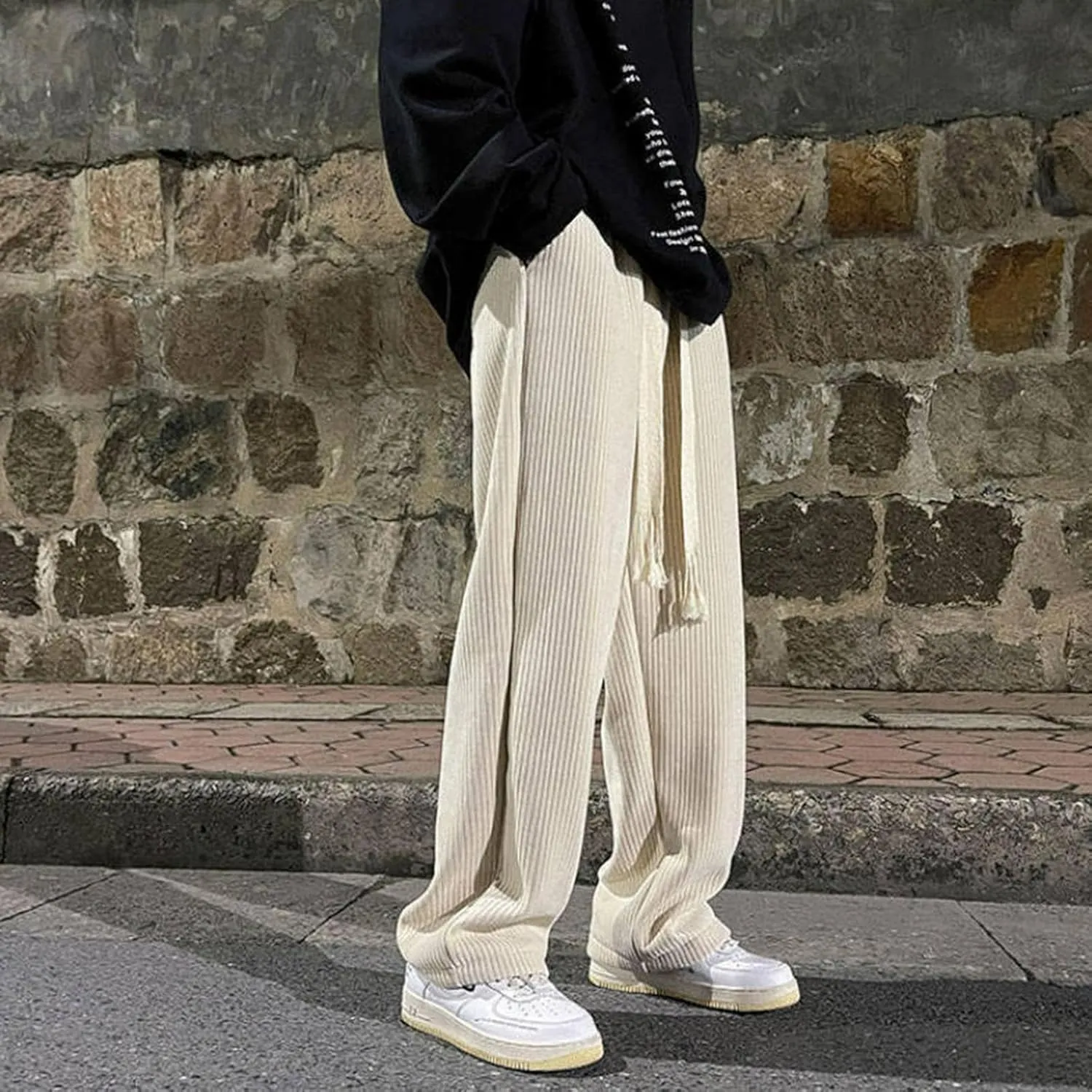 Men's Straight Fit Trousers Elastic Waist Pants Casual Stripe Pant Plus Size Wide Leg Baggy Trouser Gym Jogging Bottoms