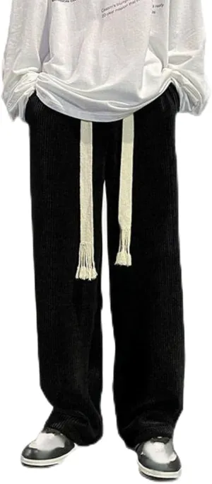 Men's Straight Fit Trousers Elastic Waist Pants Casual Stripe Pant Plus Size Wide Leg Baggy Trouser Gym Jogging Bottoms
