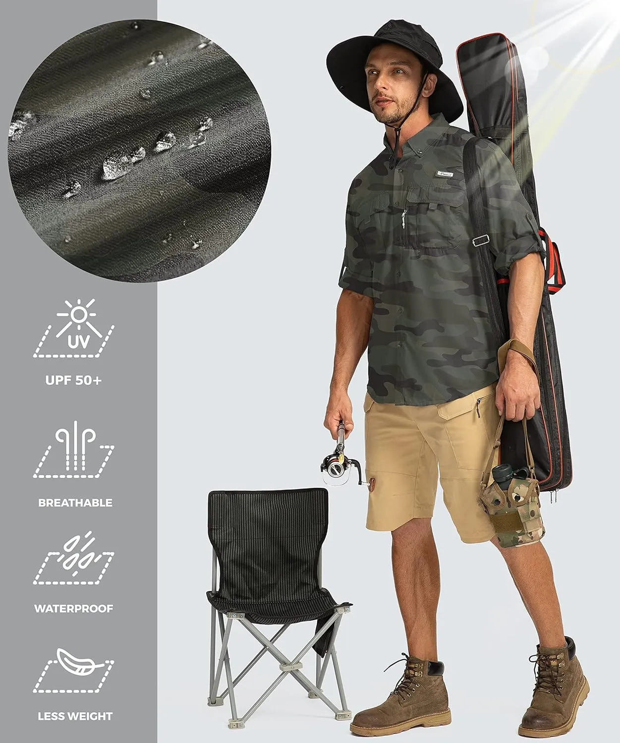 Men's Sun Protection Fishing Shirts Long Sleeve Travel Work Shirts for Men UPF50  Button Down Shirts with Zipper Pockets