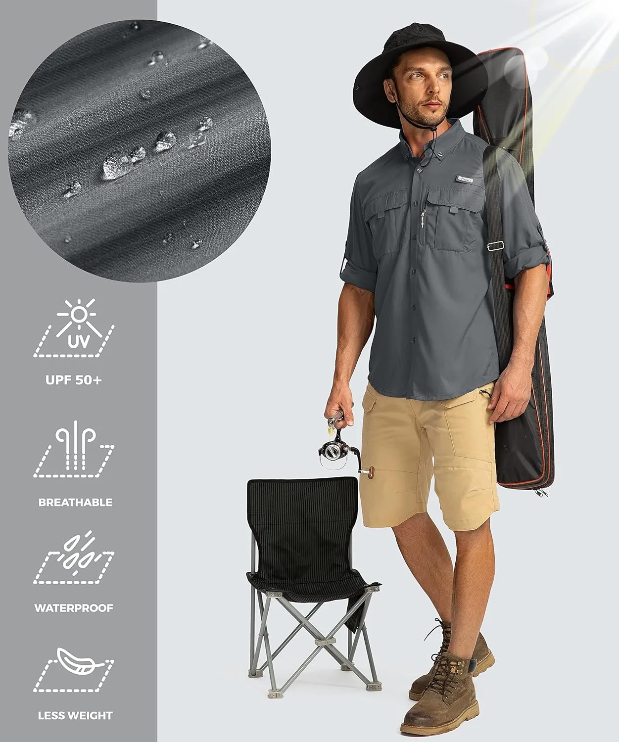 Men's Sun Protection Fishing Shirts Long Sleeve Travel Work Shirts for Men UPF50  Button Down Shirts with Zipper Pockets
