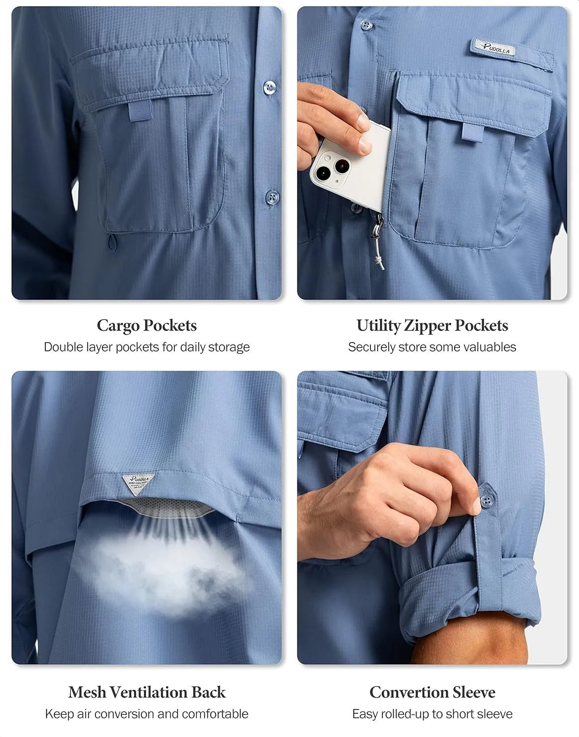 Men's Sun Protection Fishing Shirts Long Sleeve Travel Work Shirts for Men UPF50  Button Down Shirts with Zipper Pockets