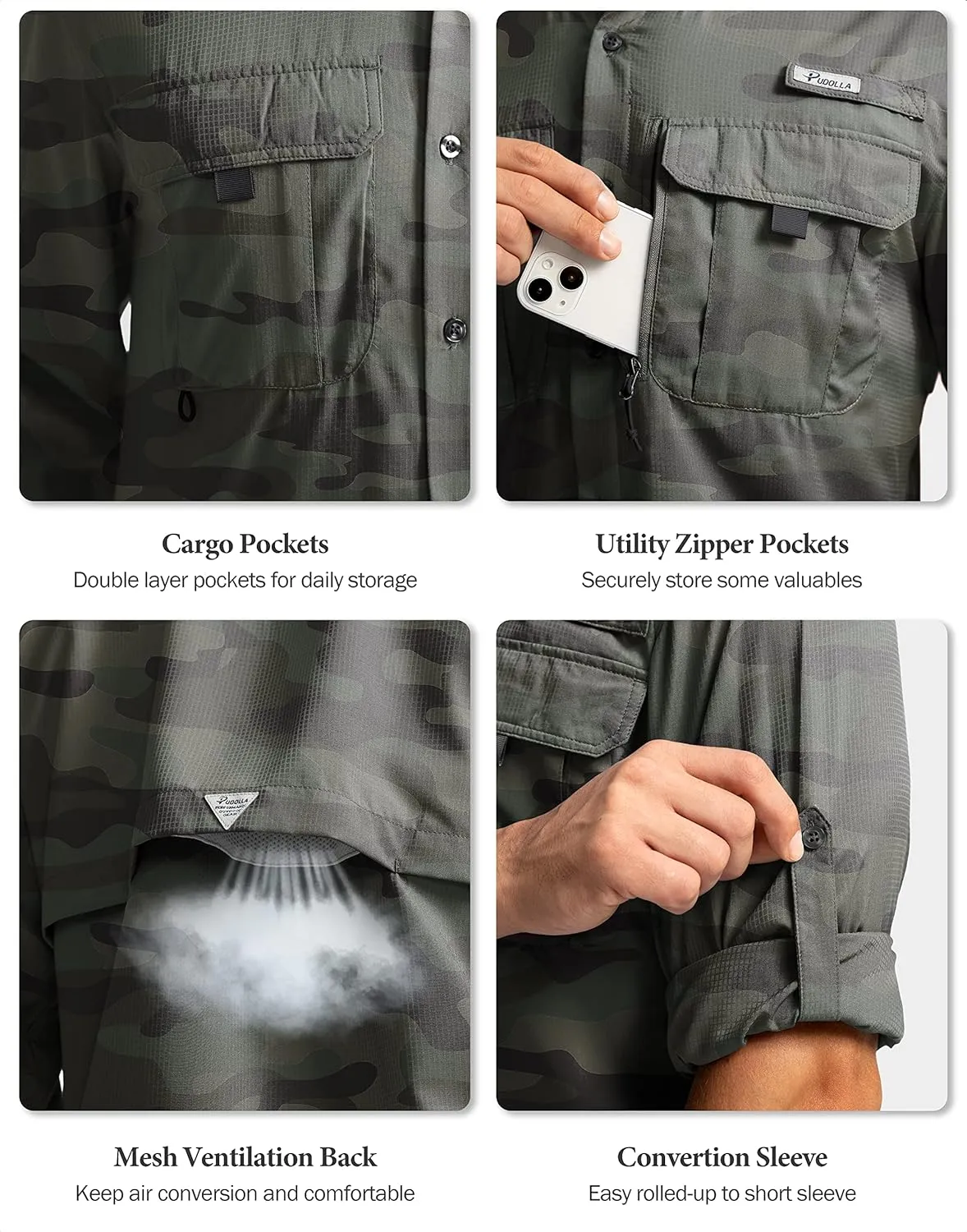 Men's Sun Protection Fishing Shirts Long Sleeve Travel Work Shirts for Men UPF50  Button Down Shirts with Zipper Pockets