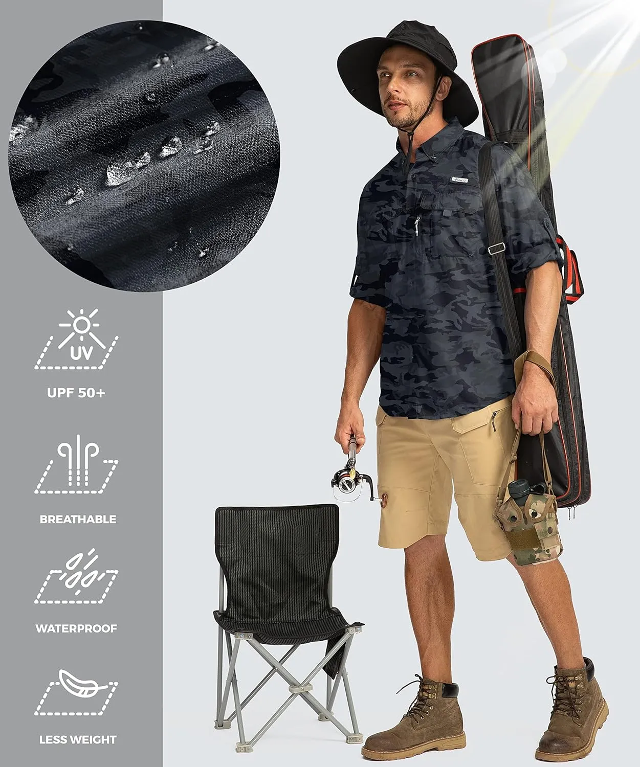 Men's Sun Protection Fishing Shirts Long Sleeve Travel Work Shirts for Men UPF50  Button Down Shirts with Zipper Pockets