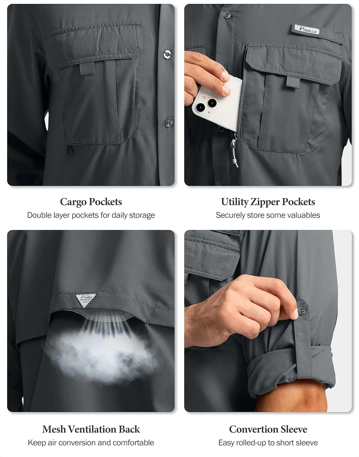 Men's Sun Protection Fishing Shirts Long Sleeve Travel Work Shirts for Men UPF50  Button Down Shirts with Zipper Pockets