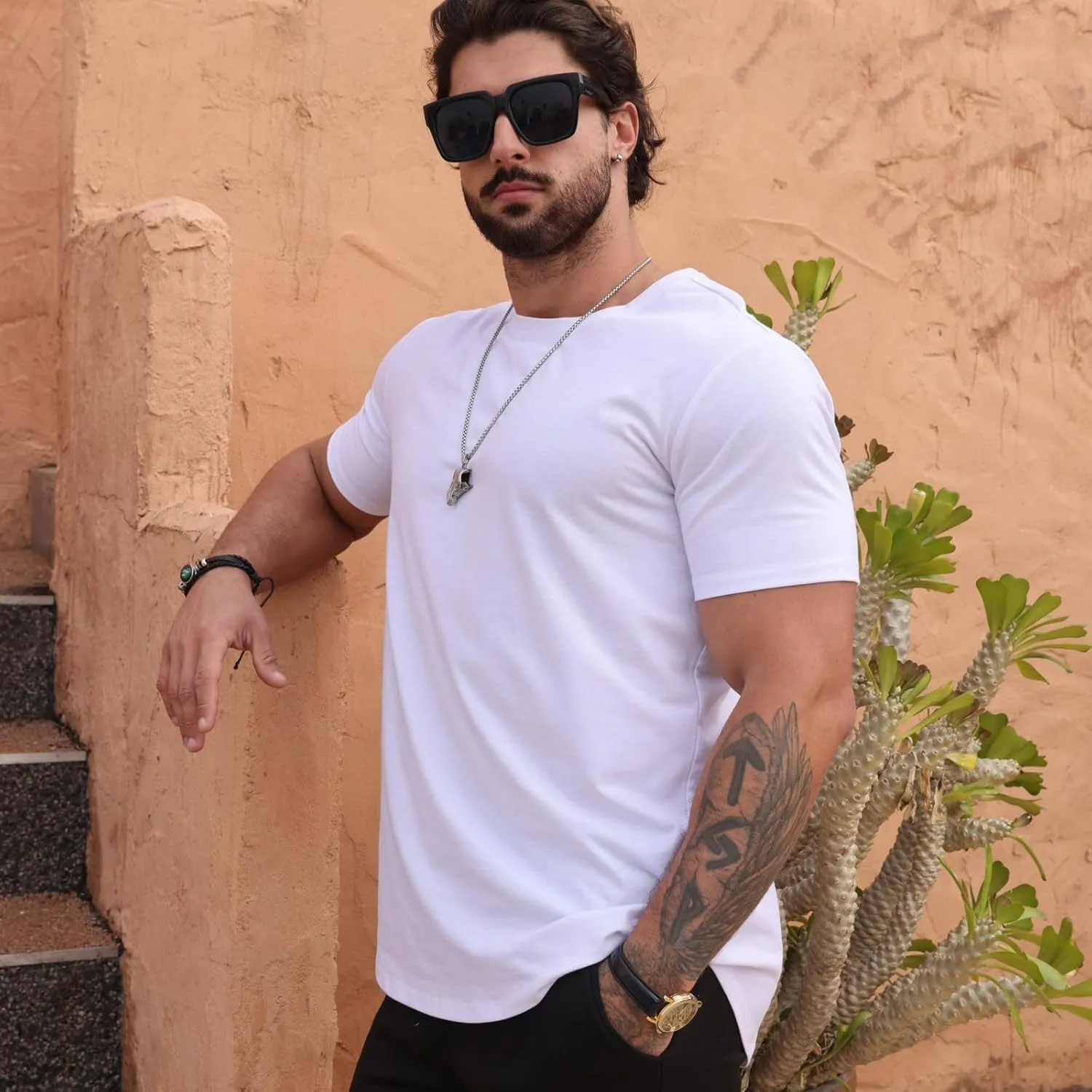 Mens T Shirts Casual Hipster Hip Hop Longline Crewneck Tee Shirts