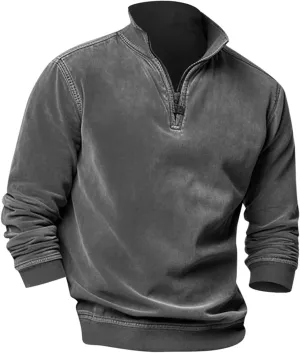 Men's Zip Collar Sweater Activewear Solid Vintage Jackets Long Sleeve Comfort Warm Sweatshirts with Elbow Patches