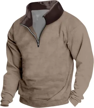 Men's Zip Collar Sweater Activewear Solid Vintage Jackets Long Sleeve Comfort Warm Sweatshirts with Elbow Patches