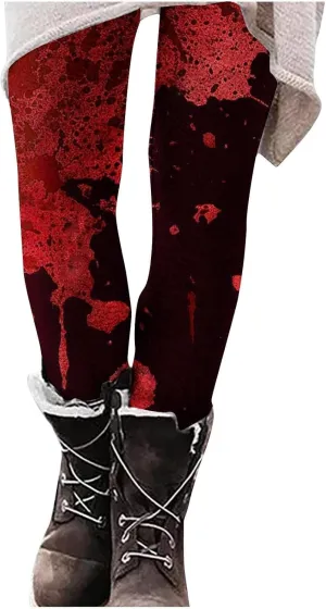 Miyaomn Novelty Blood Splatter Leggings for Women Print Bloody Stretch High Waisted Yoga Pants Bloodstained Halloween Costume