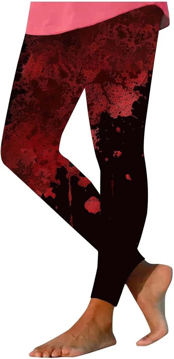 Miyaomn Novelty Blood Splatter Leggings for Women Print Bloody Stretch High Waisted Yoga Pants Bloodstained Halloween Costume