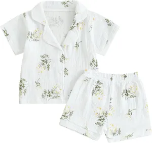 Mubineo Toddler Baby Boy Girl Summer Pajamas Sets Cotton Linen Short Sleeve Pjs Sleepwear Homewear Comfy Clothes Outfits