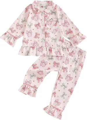 Multitrust Baby Girls Ruffled Cotton Pajamas Set Long Sleeve Button Down Shirts and Flared Pants Matching Pj Sets Sleepwear