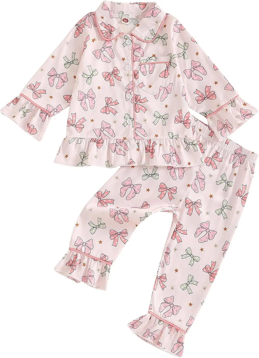 Multitrust Baby Girls Ruffled Cotton Pajamas Set Long Sleeve Button Down Shirts and Flared Pants Matching Pj Sets Sleepwear