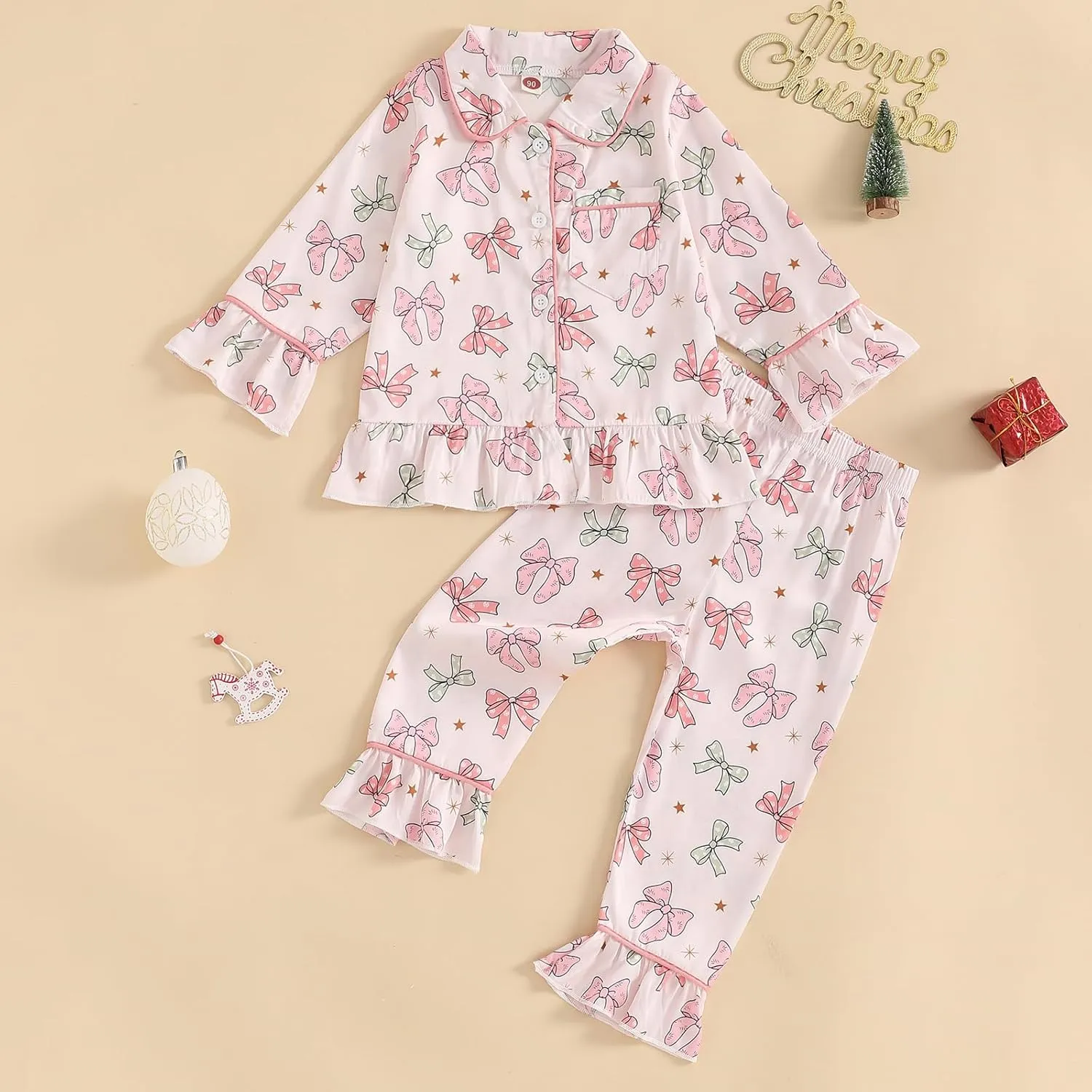 Multitrust Baby Girls Ruffled Cotton Pajamas Set Long Sleeve Button Down Shirts and Flared Pants Matching Pj Sets Sleepwear