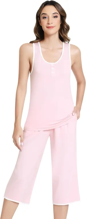NACHILA Women's Pajamas-Viscose Made from Bamboo, Tank Top Capri Pants Pajama Set Soft Sleeveless Sleepwear Cool Pjs Sets
