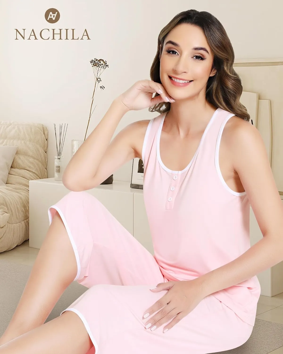 NACHILA Women's Pajamas-Viscose Made from Bamboo, Tank Top Capri Pants Pajama Set Soft Sleeveless Sleepwear Cool Pjs Sets