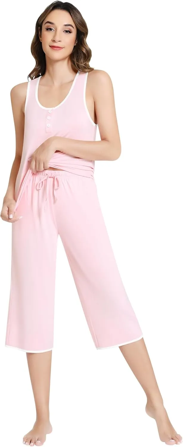 NACHILA Women's Pajamas-Viscose Made from Bamboo, Tank Top Capri Pants Pajama Set Soft Sleeveless Sleepwear Cool Pjs Sets