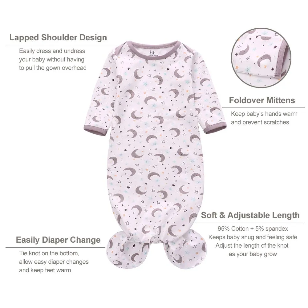 Newborn Knotted Nightgown Long Sleeve with Matching Hat Set 3 Pack, Cotton Baby Sleeper Gowns Sleeping Bags Home Outfits Set with Mitten Cuffs for Boys Girls (Balloon   Rainbow   Bear, 0-6 Months)