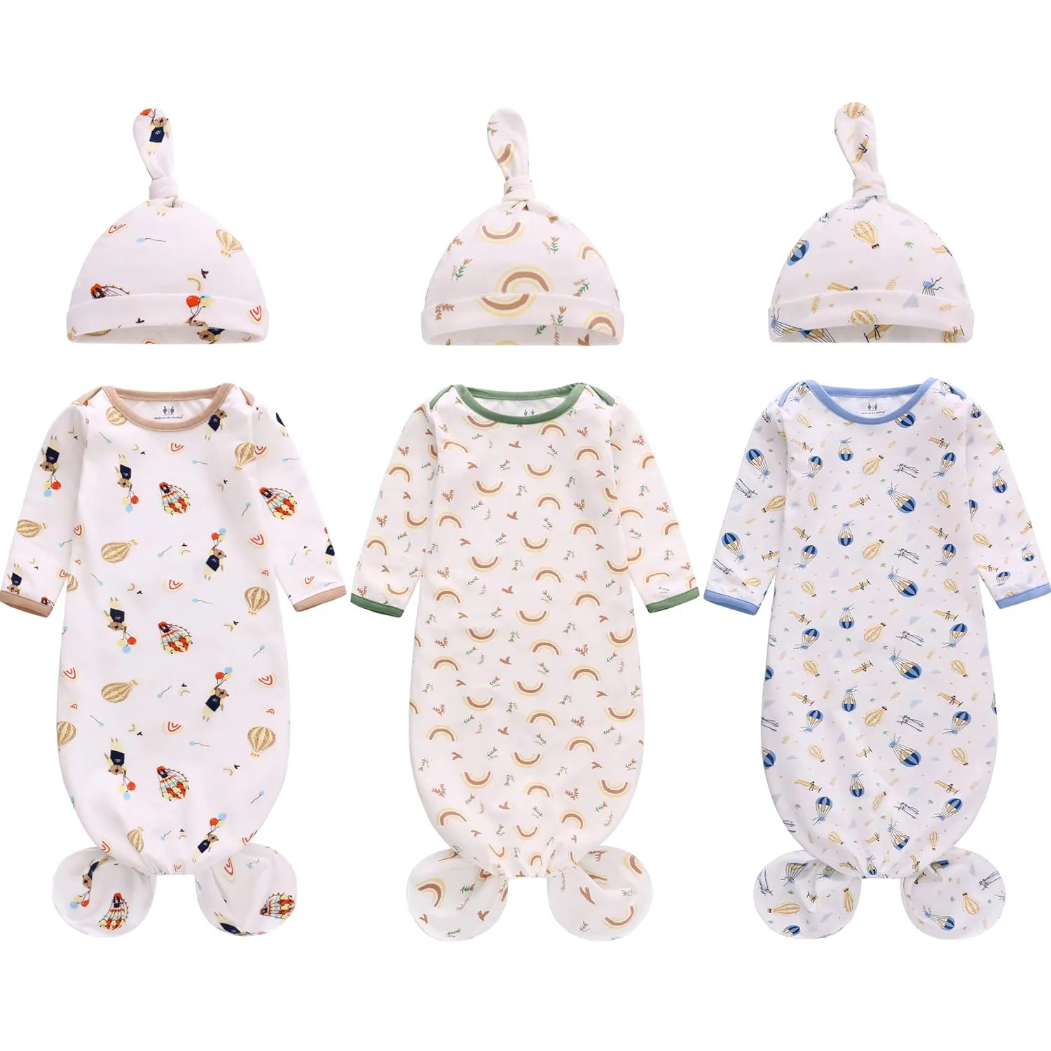 Newborn Knotted Nightgown Long Sleeve with Matching Hat Set 3 Pack, Cotton Baby Sleeper Gowns Sleeping Bags Home Outfits Set with Mitten Cuffs for Boys Girls (Balloon   Rainbow   Bear, 0-6 Months)