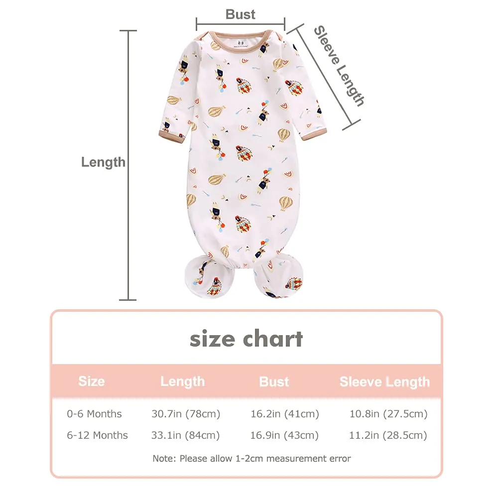 Newborn Knotted Nightgown Long Sleeve with Matching Hat Set 3 Pack, Cotton Baby Sleeper Gowns Sleeping Bags Home Outfits Set with Mitten Cuffs for Boys Girls (Balloon   Rainbow   Bear, 0-6 Months)