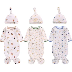 Newborn Knotted Nightgown Long Sleeve with Matching Hat Set 3 Pack, Cotton Baby Sleeper Gowns Sleeping Bags Home Outfits Set with Mitten Cuffs for Boys Girls (Balloon   Rainbow   Bear, 0-6 Months)