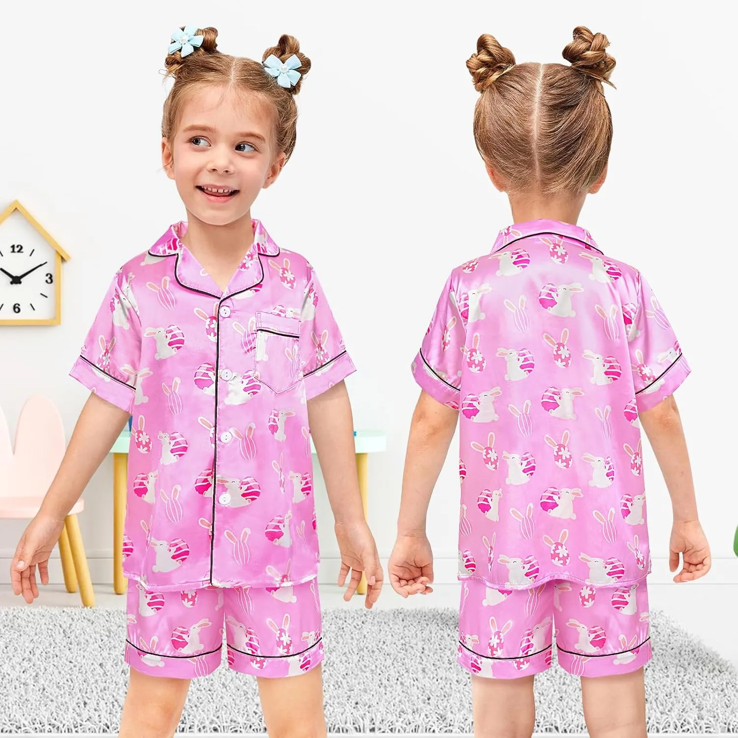 Nidoul Satin Pajamas for Girls Short Sleeve Button Down Silky Pjs Girls' Sleepwear Set for Toddler Kids 3T-10Y