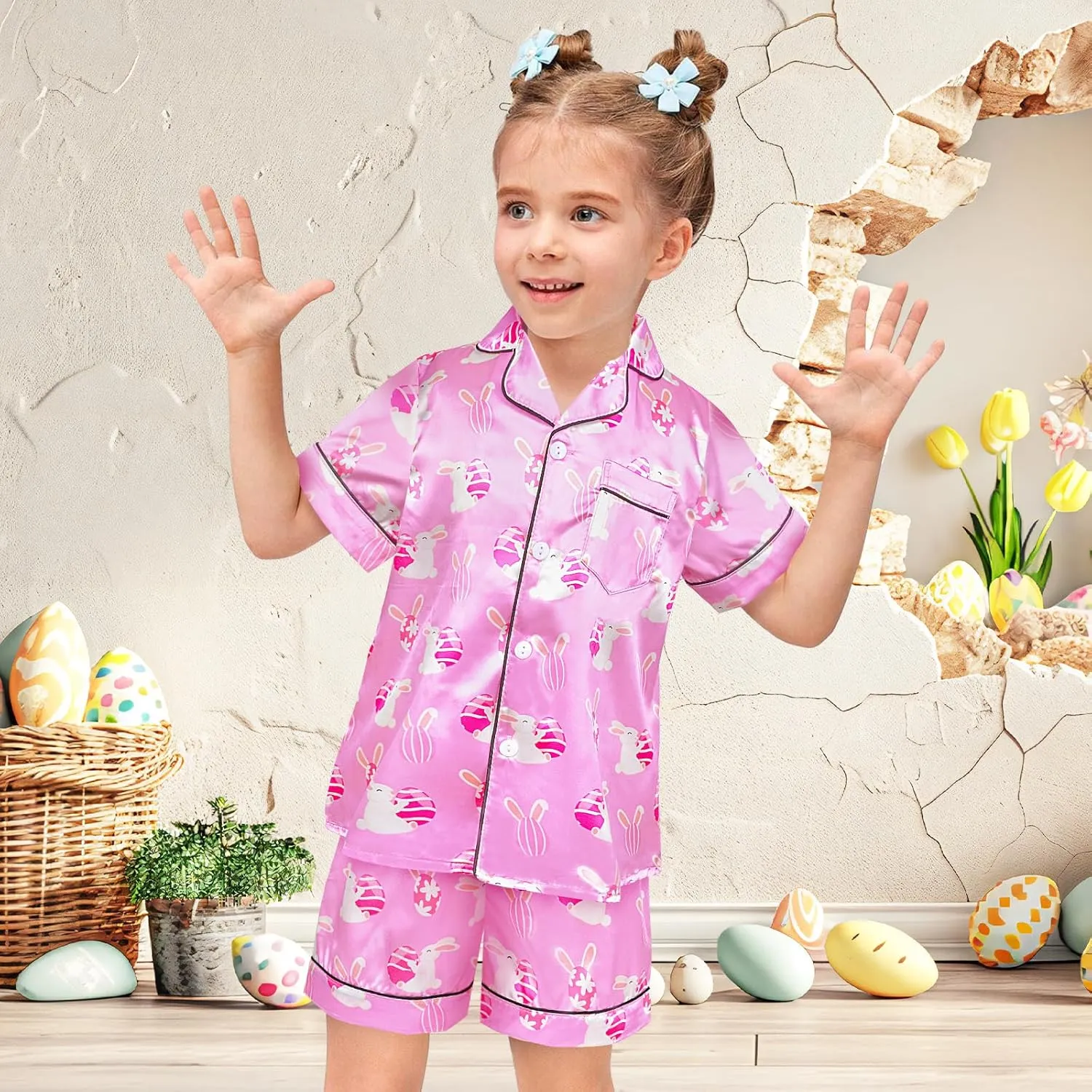 Nidoul Satin Pajamas for Girls Short Sleeve Button Down Silky Pjs Girls' Sleepwear Set for Toddler Kids 3T-10Y