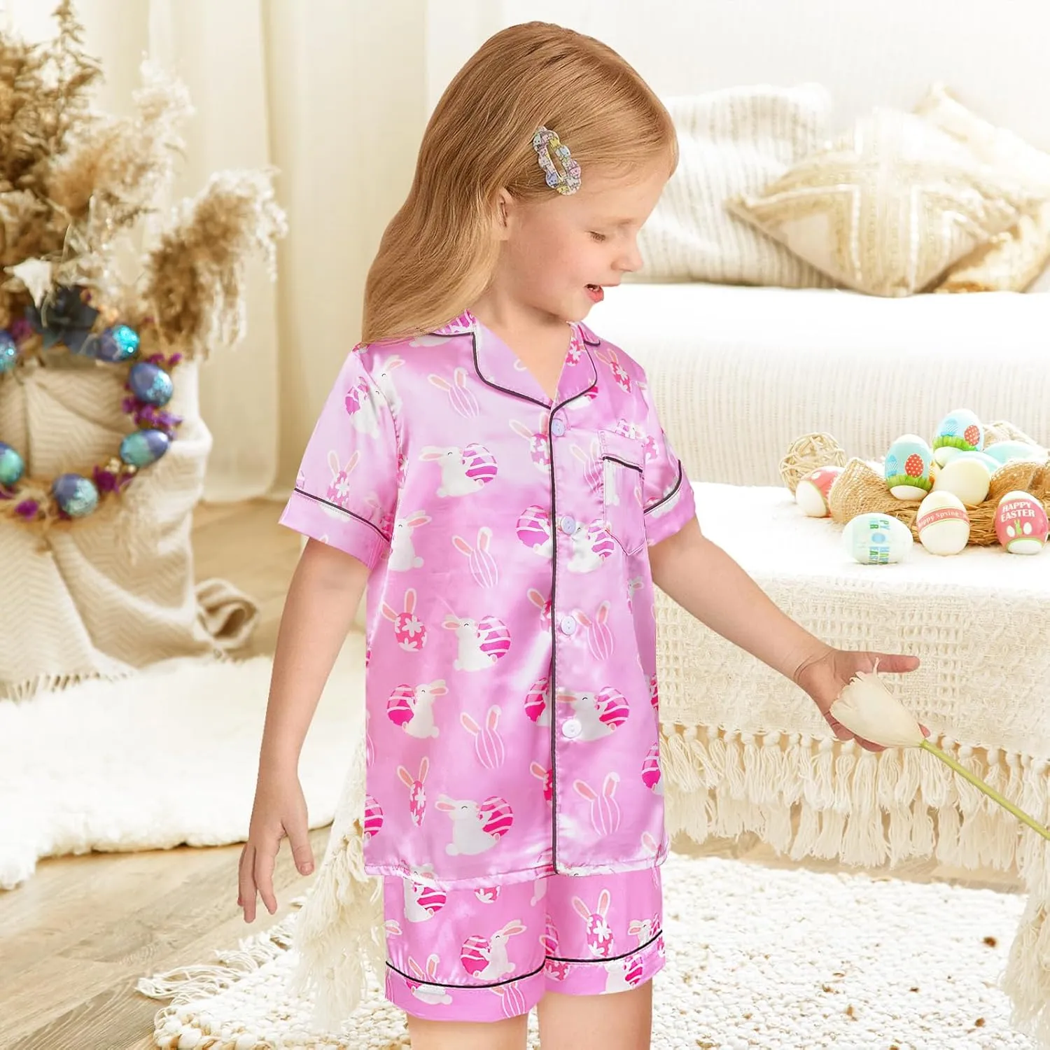 Nidoul Satin Pajamas for Girls Short Sleeve Button Down Silky Pjs Girls' Sleepwear Set for Toddler Kids 3T-10Y