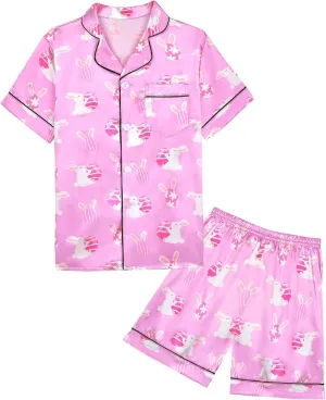 Nidoul Satin Pajamas for Girls Short Sleeve Button Down Silky Pjs Girls' Sleepwear Set for Toddler Kids 3T-10Y