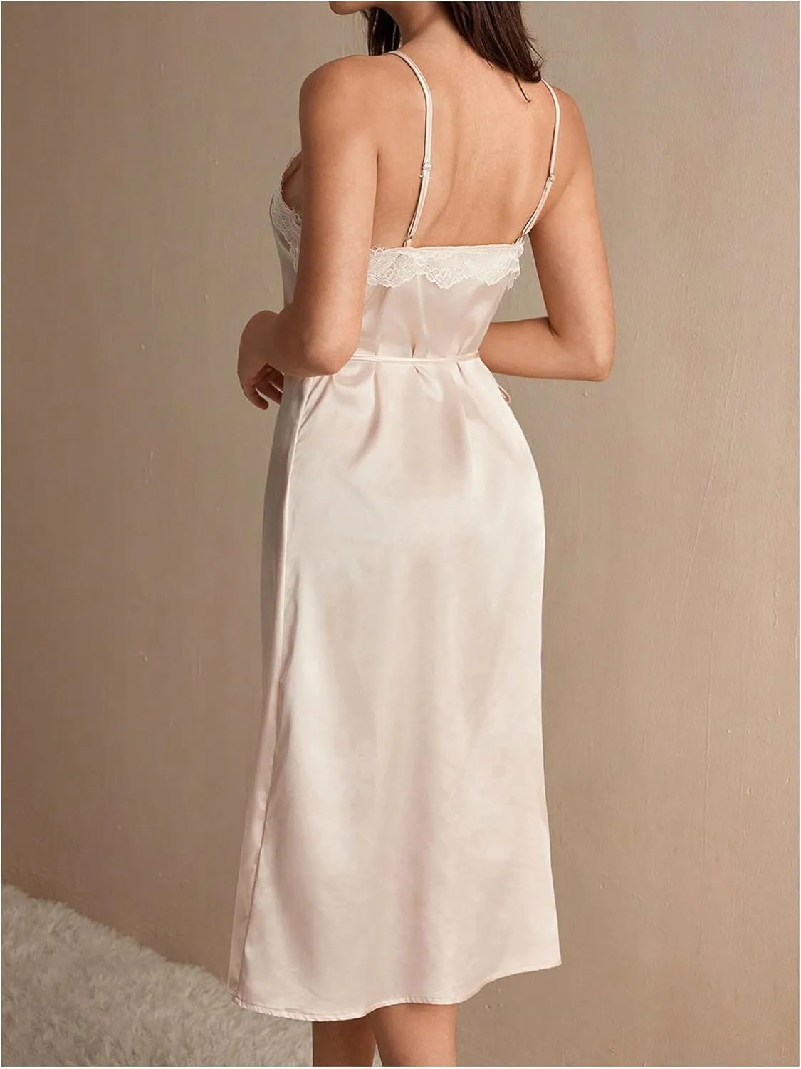 OYOANGLE Women's Elegant Lace Trim Satin Nightgowns Knot Side V Neck Midi Slip Dress Sleepwear