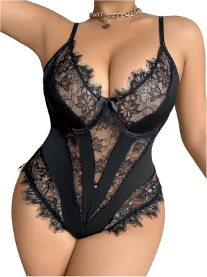 OYOANGLE Women's Plus Size Lingerie Bodysuit Lace Sheer Underwire Teddy Bodysuits One Piece Mini Babydoll