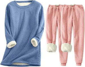 Pajama Sets for Women 3 Piece Fleece Lined Sleepwear Set Long Sleeve Top and Casual Jogger Pants Winter Lounge Sets