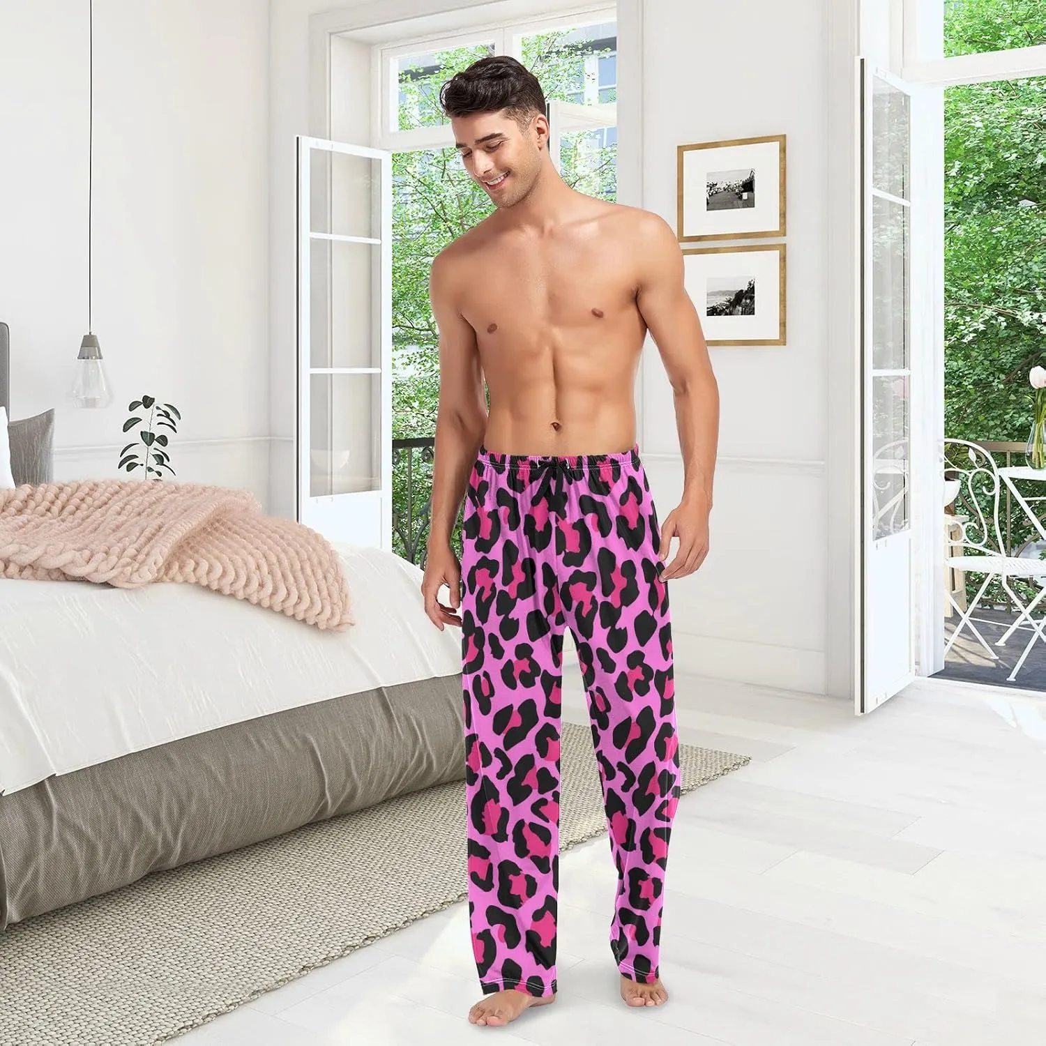 Pink Leopard Print Men's Pajama Pants Sleepwear Lounge Pajama Bottoms