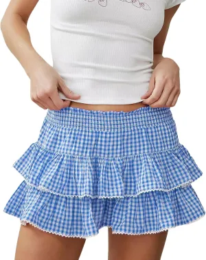 Plaid Mini Skirts Women Y2K Lace Trim Gingham A Line Ruffle Short Skirt Layered Pleated Fairy Sissy Cosplay Skirt