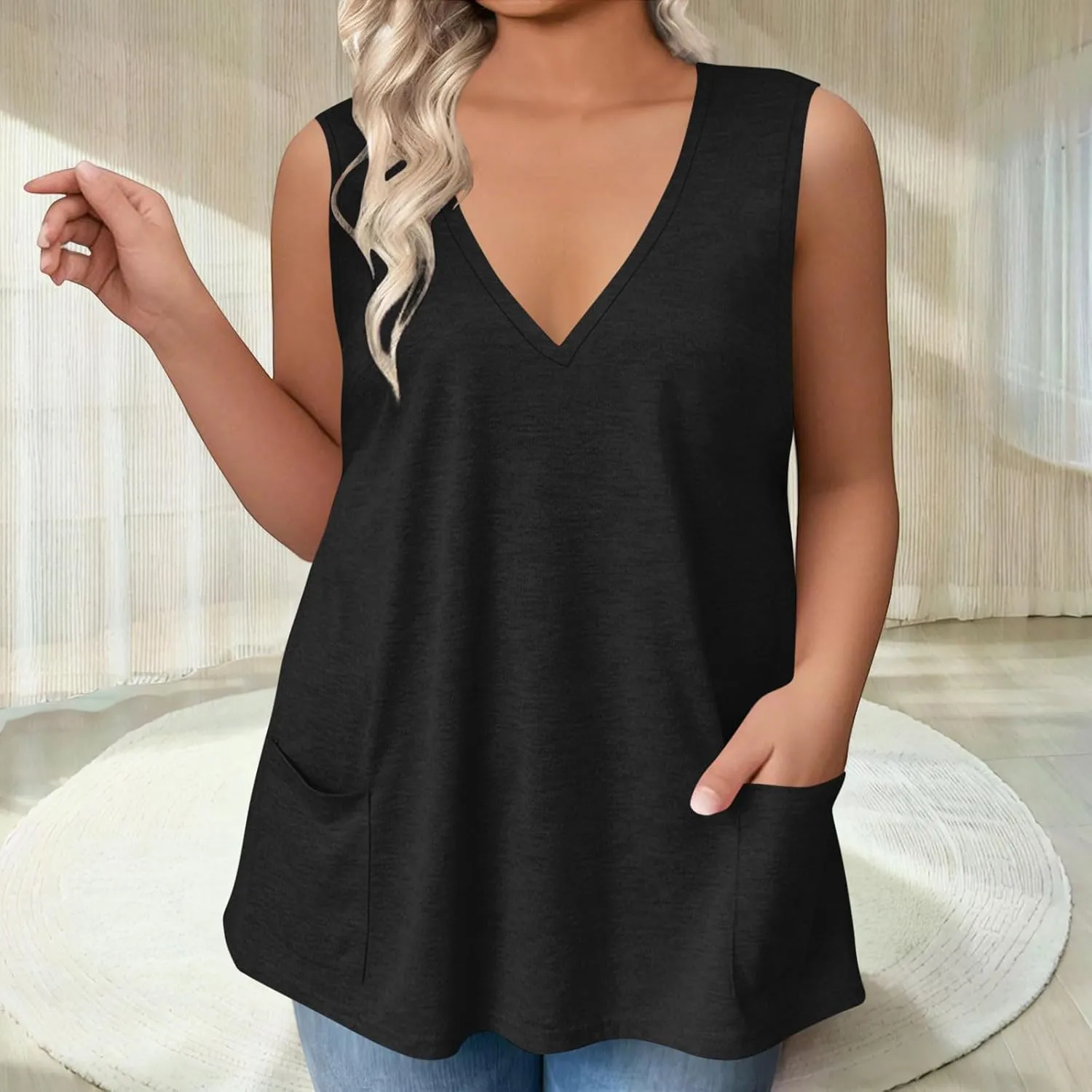 Plus Size Tank Tops for Women Summer Sexy V Neck Sleeveless T-Shirts Casual Loose Basic Tees Shirts with Pockets