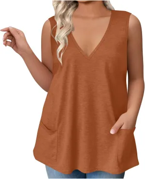 Plus Size Tank Tops for Women Summer Sexy V Neck Sleeveless T-Shirts Casual Loose Basic Tees Shirts with Pockets