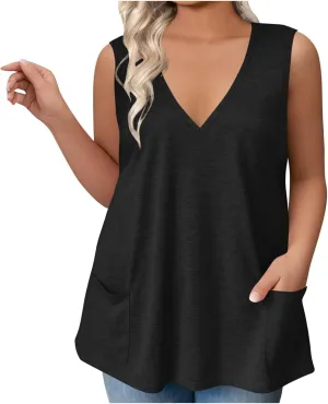 Plus Size Tank Tops for Women Summer Sexy V Neck Sleeveless T-Shirts Casual Loose Basic Tees Shirts with Pockets