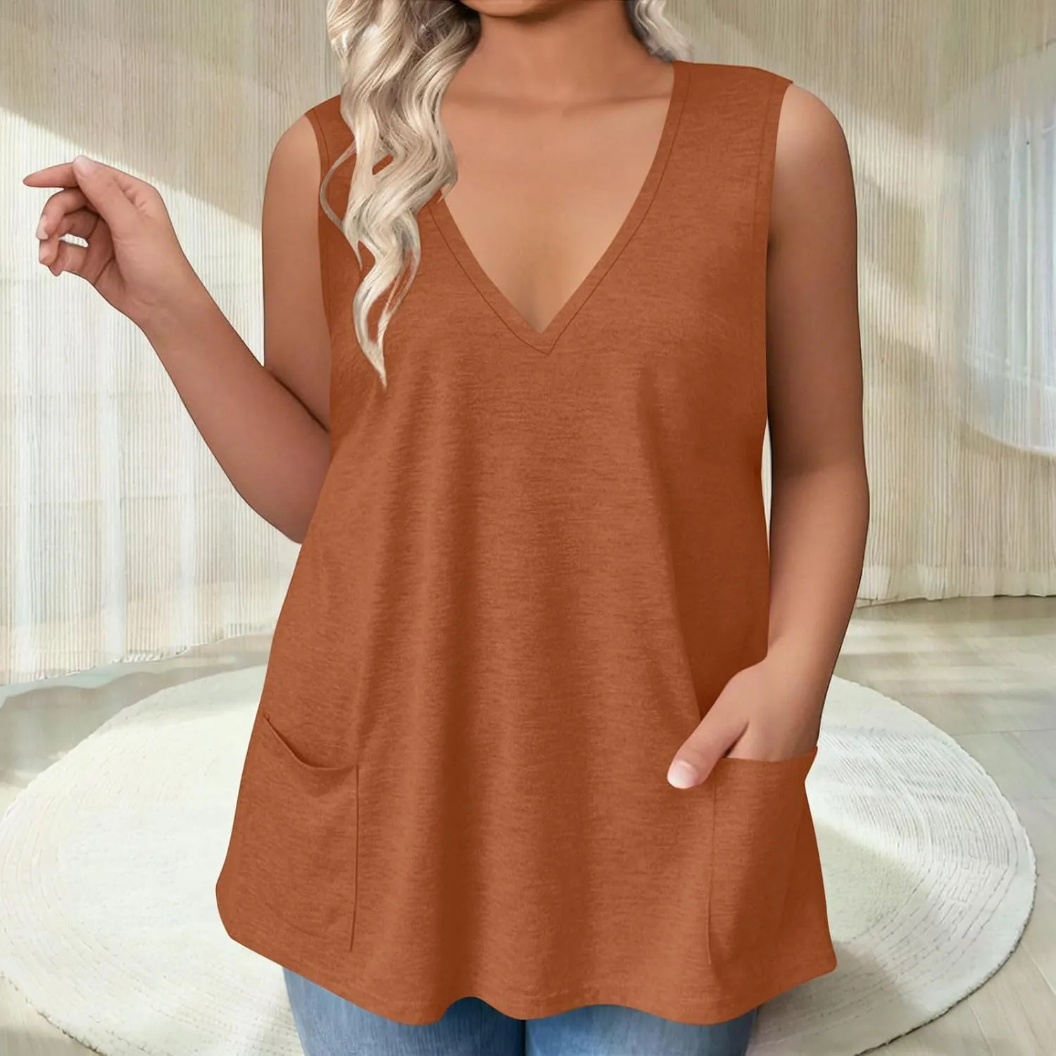 Plus Size Tank Tops for Women Summer Sexy V Neck Sleeveless T-Shirts Casual Loose Basic Tees Shirts with Pockets