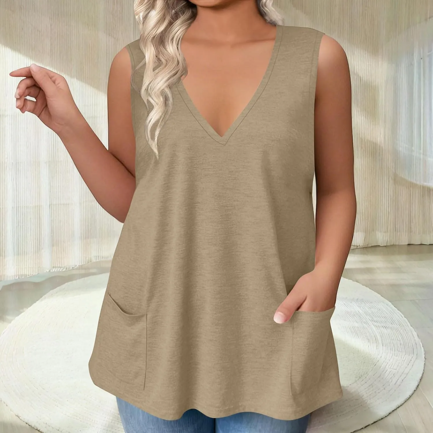 Plus Size Tank Tops for Women Summer Sexy V Neck Sleeveless T-Shirts Casual Loose Basic Tees Shirts with Pockets