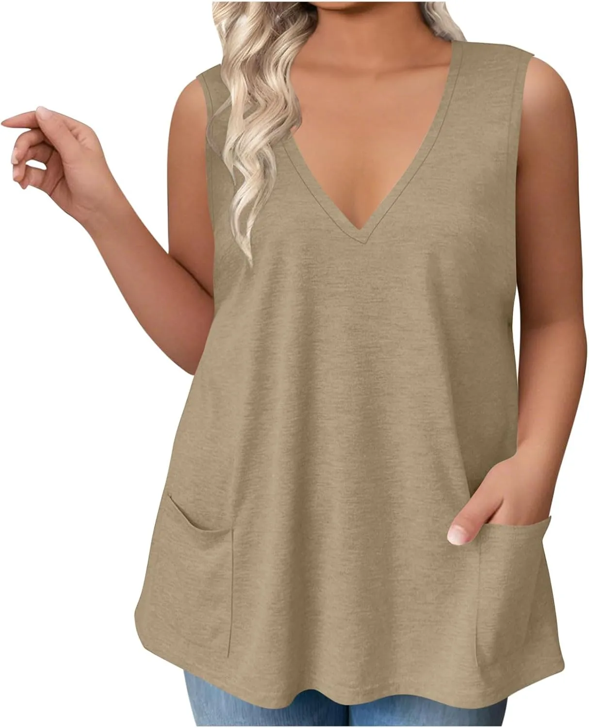Plus Size Tank Tops for Women Summer Sexy V Neck Sleeveless T-Shirts Casual Loose Basic Tees Shirts with Pockets