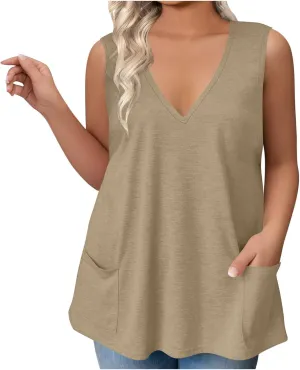 Plus Size Tank Tops for Women Summer Sexy V Neck Sleeveless T-Shirts Casual Loose Basic Tees Shirts with Pockets