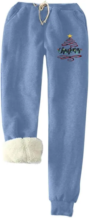 Plus Size Warm Pants for Women Christmas Sweatpants Fleece Lined Jogger Pants Xmas Tree Thermal Trousers Lounge Pants
